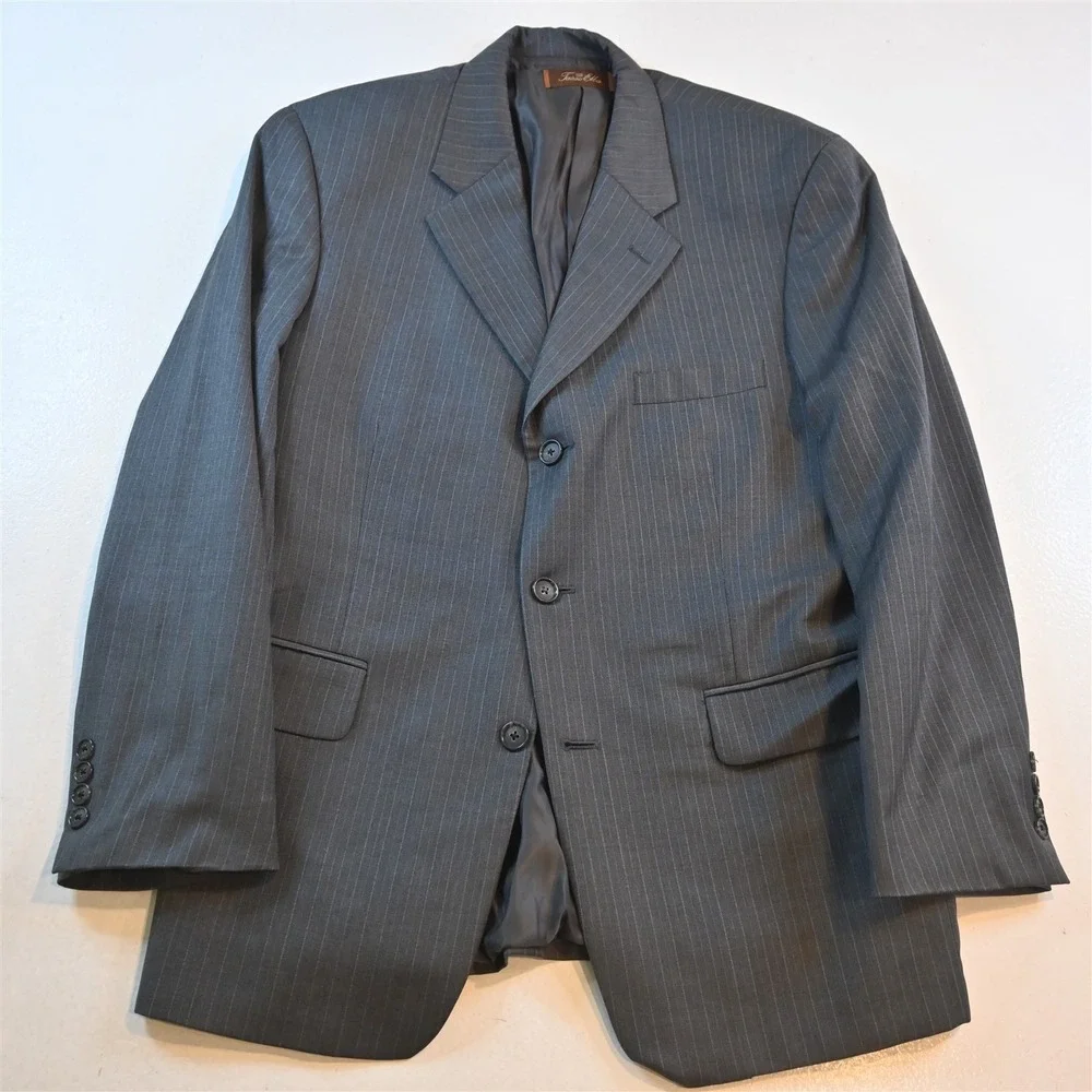 Vtg‎ Y2K Boxy 2000s 42S 33x29 Gray Striped 100% Wool Mens Jacket Pants Suit